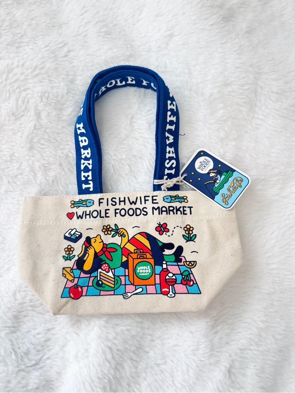 Whole Foods Market Fishwife Canvas Tote with Blue Straps micro size/ NWT